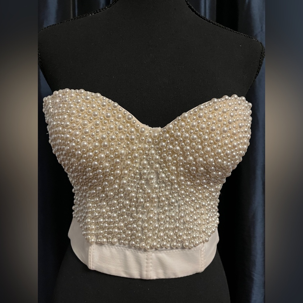 Beaded Pearl Strapless Corset Top - Cream